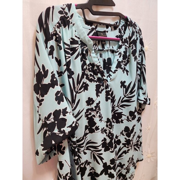 WORTHINGTON WOMENS XL BABY BLUE FLORAL LEAF BLOUSE SHEER V NECK TROPICAL POPOVER - Picture 2 of 12